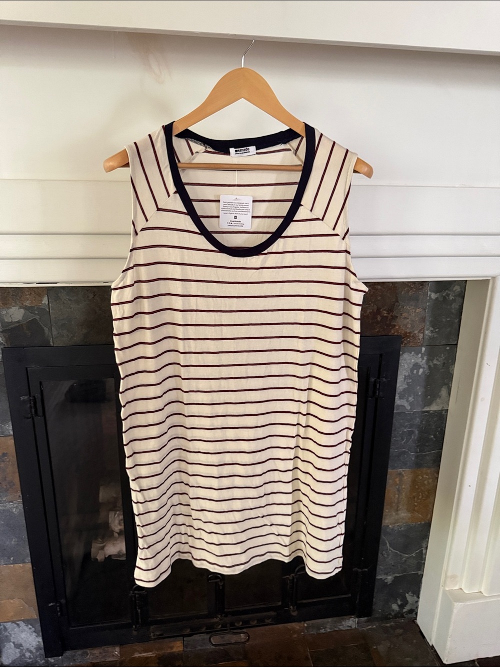 LAmade Cream cotton DRESS with Black Trim and Thin Black/Red Stripes. Size M.